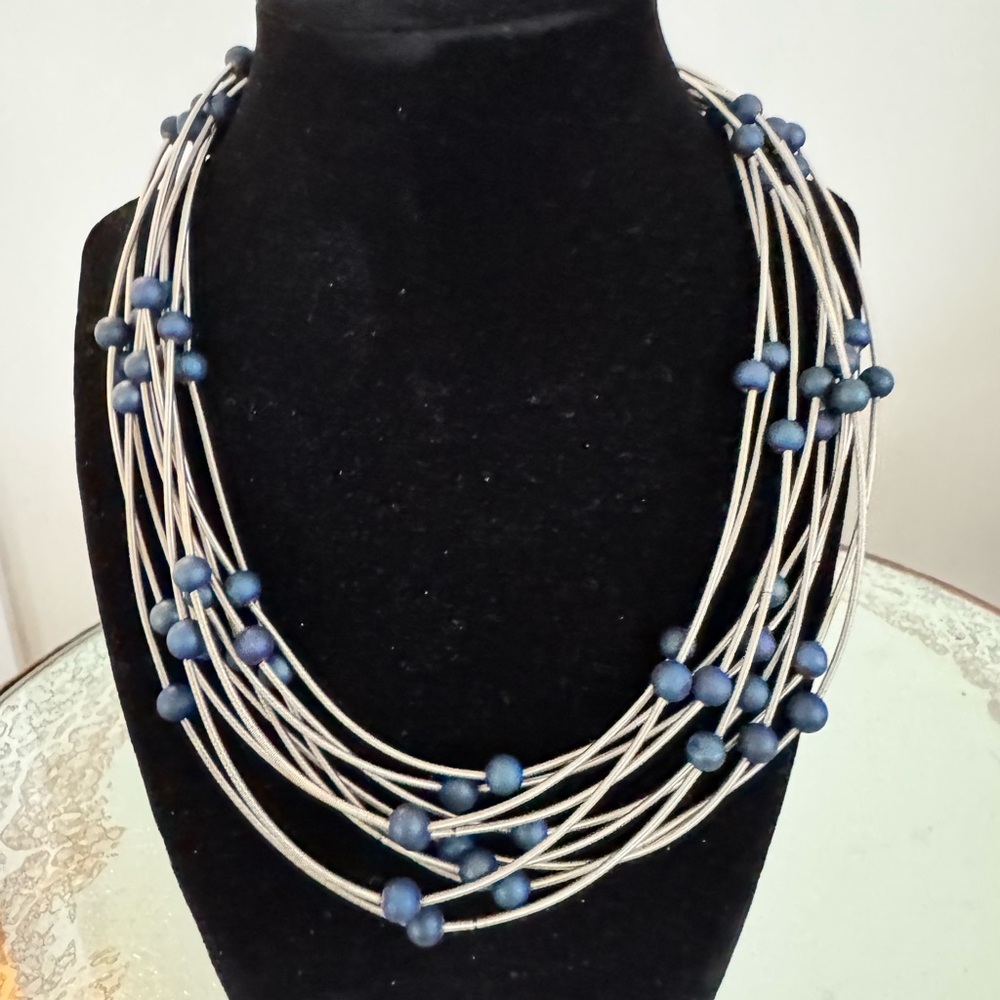 Silver Piano wire and Blue Beaded Necklace